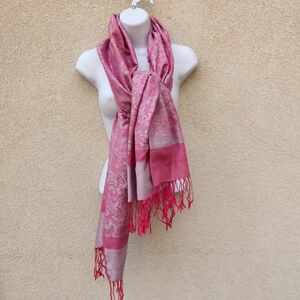 Pashmina Scarf Pink Cashmere Silk Fringe Shawl Wrap Paisley 27 x 70